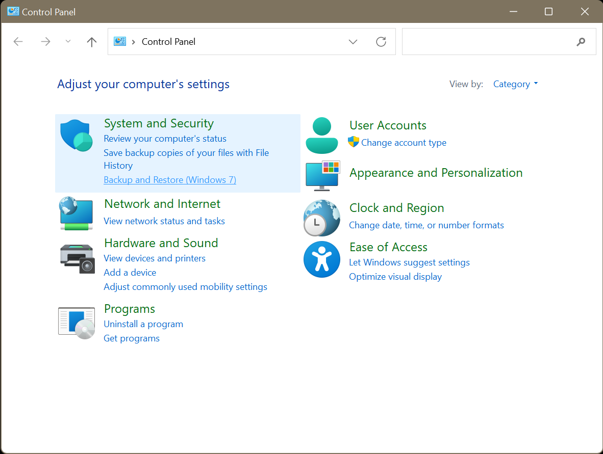 Control Panel > System and Security > Backup and Restore 